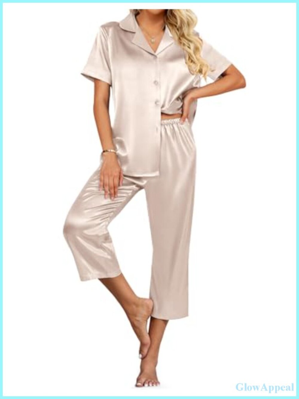 Ekouaer Satin Capri Pajama Set Short Sleeve Button